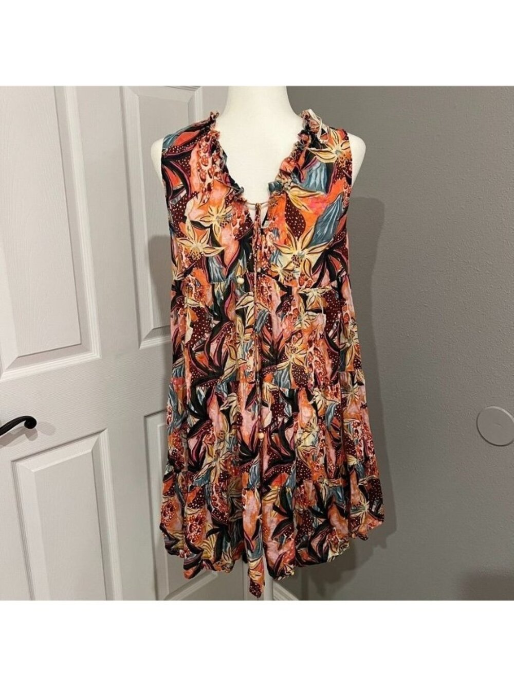 Boho Coastal Chic Cotton Tiered Ruffle Mini Dress Resortwear Size Medium